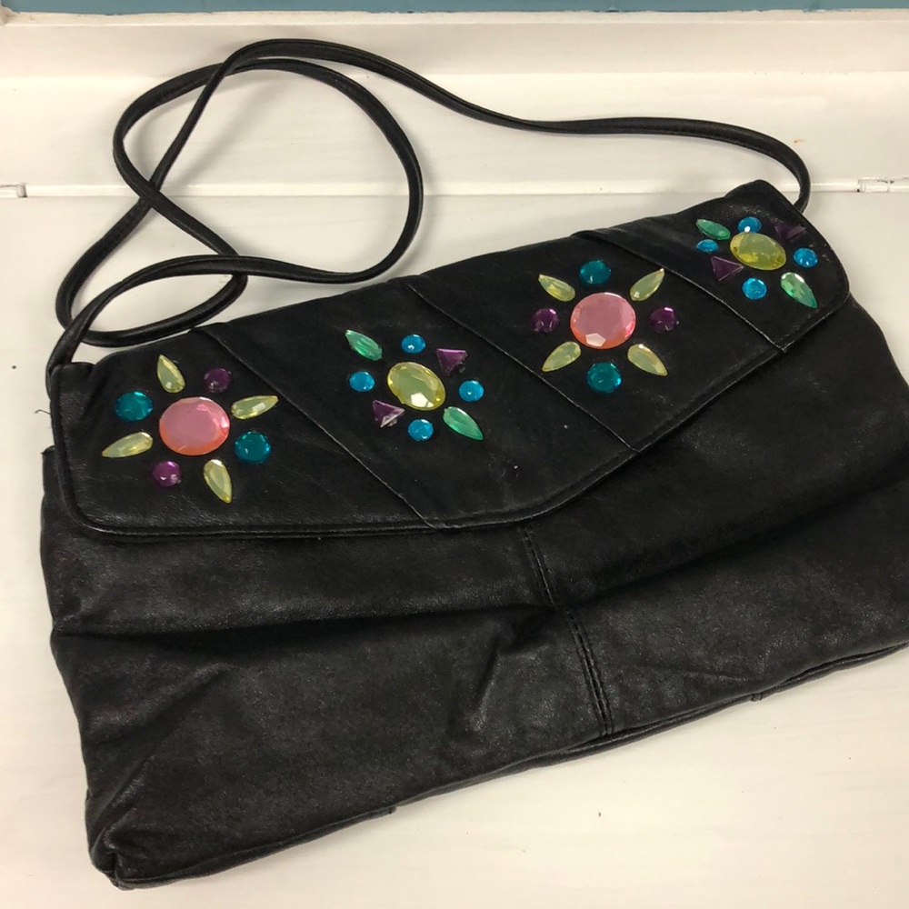 Vintage made in Korea crossbody bag with plastic colorful rhinestone 13” x 8”‎